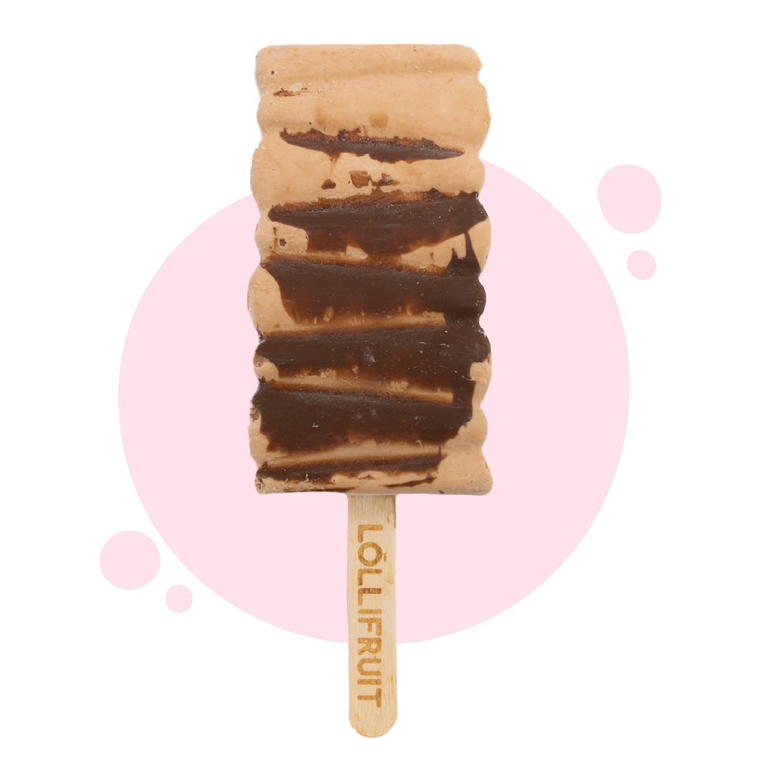 A lollifruit ice cream bar with chocolate sauce on it
