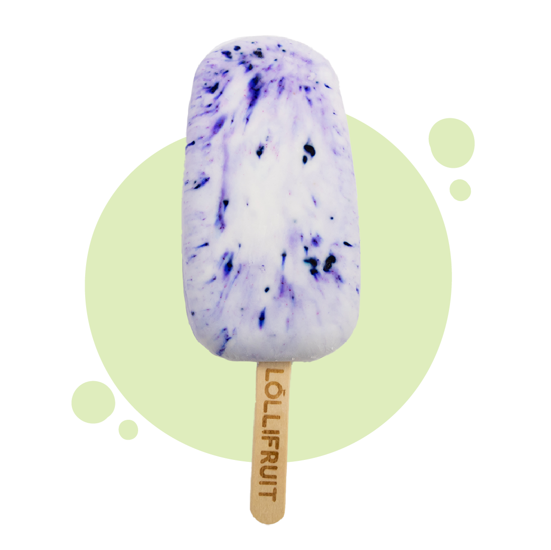 A purple and white lollipop with a wooden stick that says lollifruit