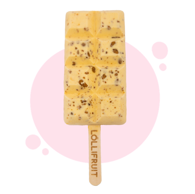 A lollipop with a wooden stick that says lollifruit on it.