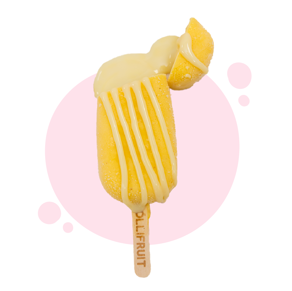 A yellow ice cream bar with a slice taken out of it.