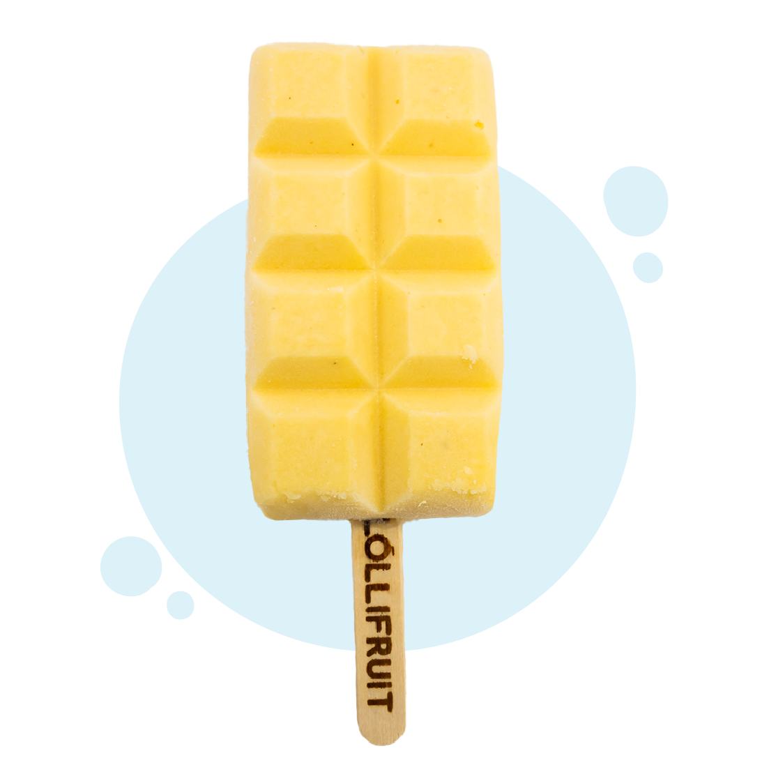 A yellow lollipop with a wooden stick on a blue background.