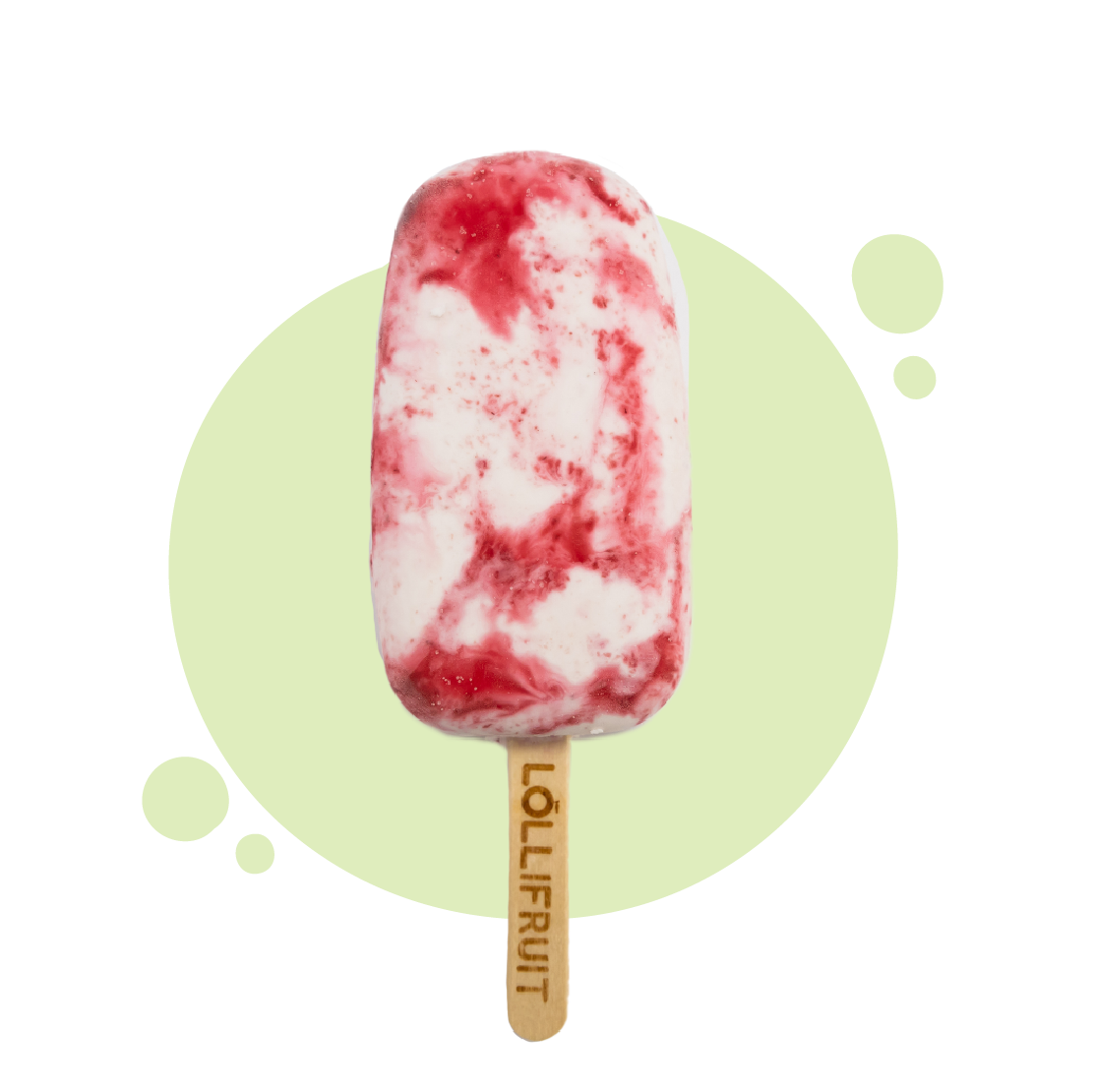 A strawberry and white ice cream bar on a wooden stick.
