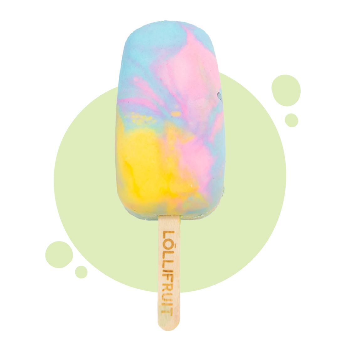 A colorful ice cream bar on a wooden stick.