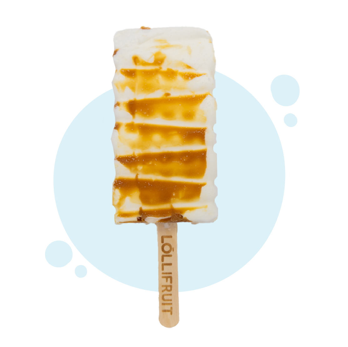A lollifruit ice cream bar with caramel sauce on it