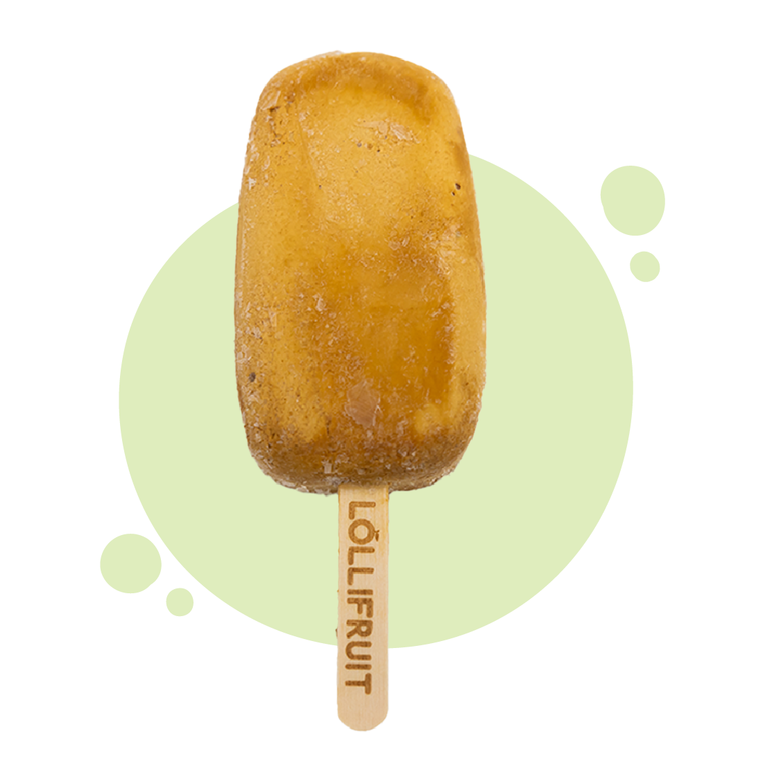 A lollifruit popsicle with a green circle in the background
