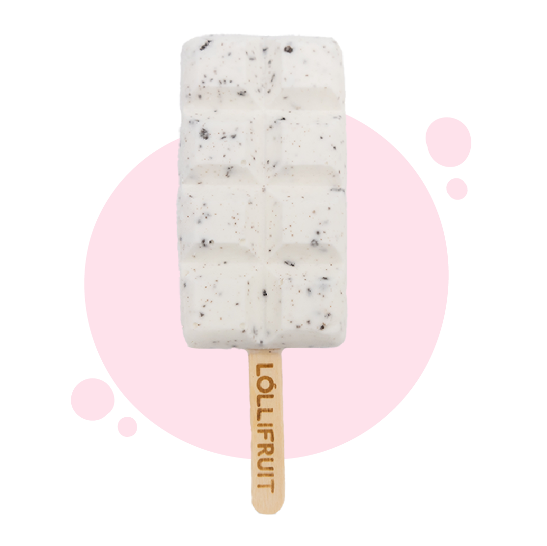 A lollifruit ice cream bar with a pink circle in the background