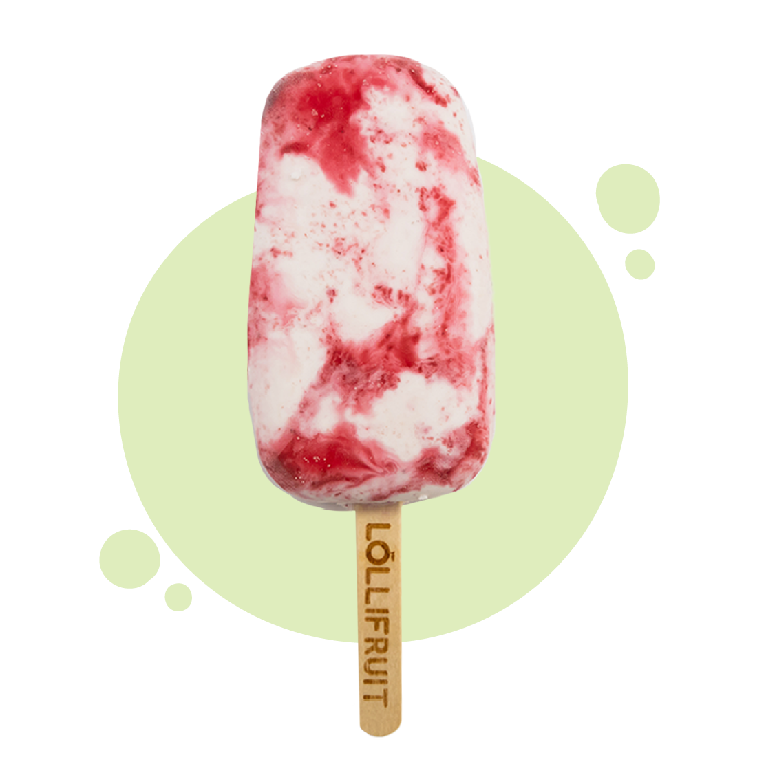 A strawberry and white ice cream bar on a wooden stick.