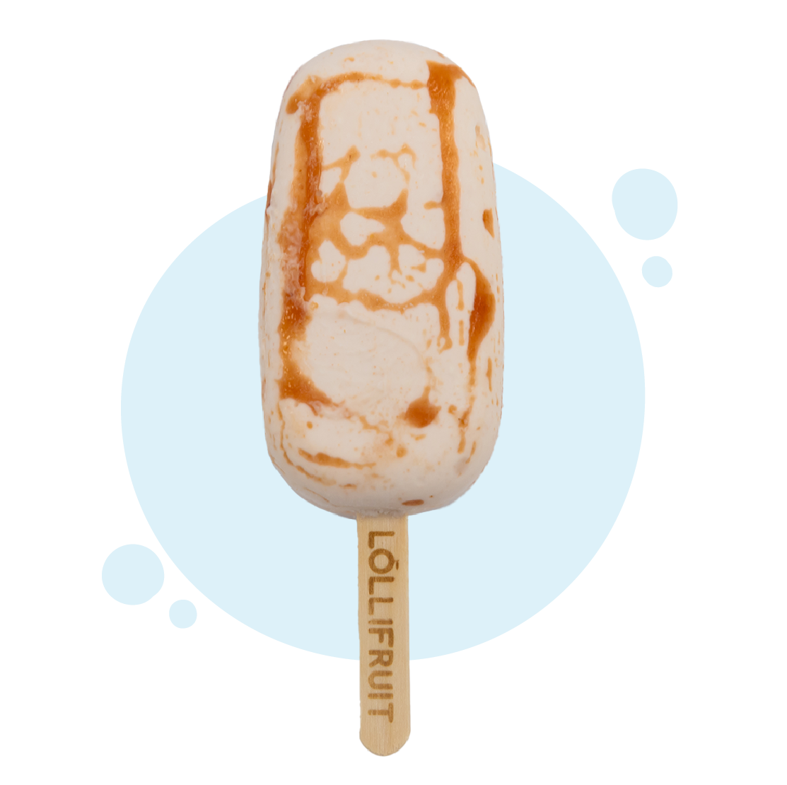 A lollifruit ice cream bar with caramel sauce on it