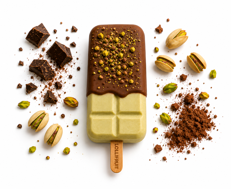 A lollifruit ice cream bar on a pink background