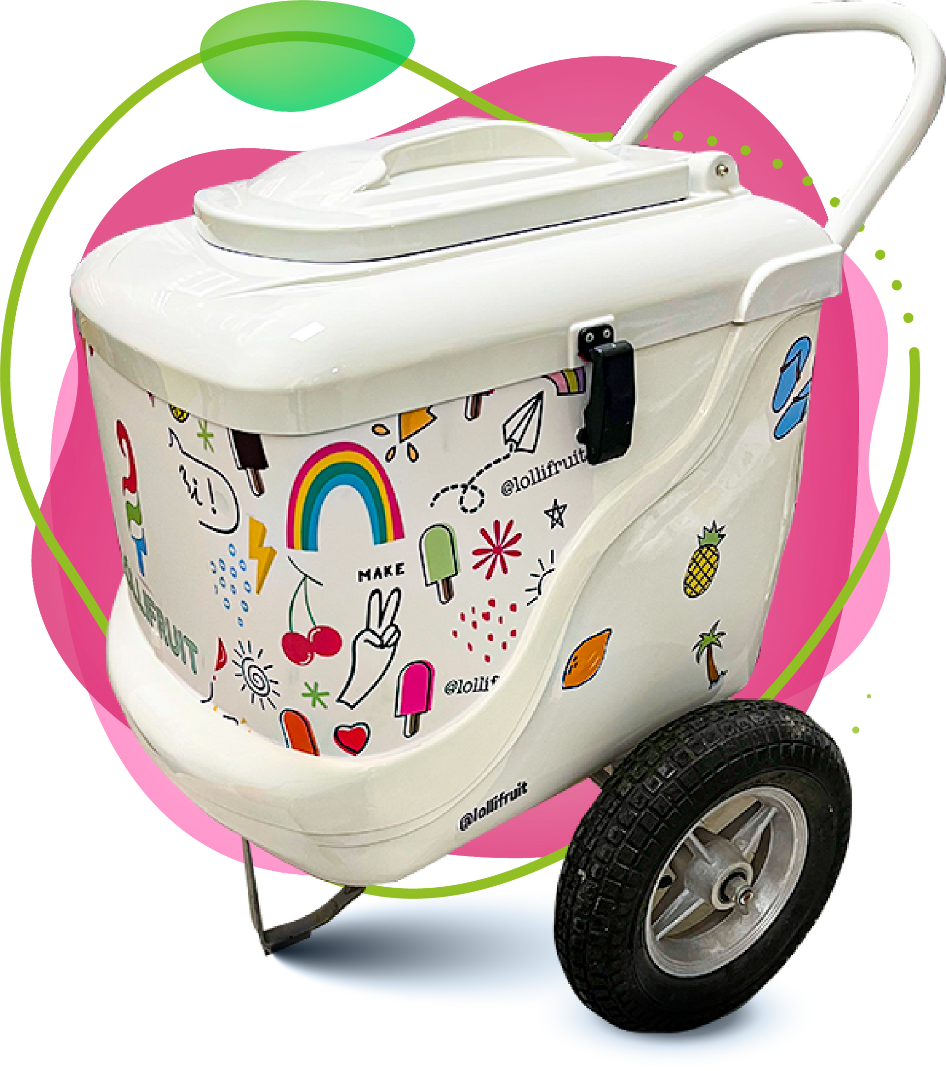 A white cooler with wheels and a handle on a pink background.
