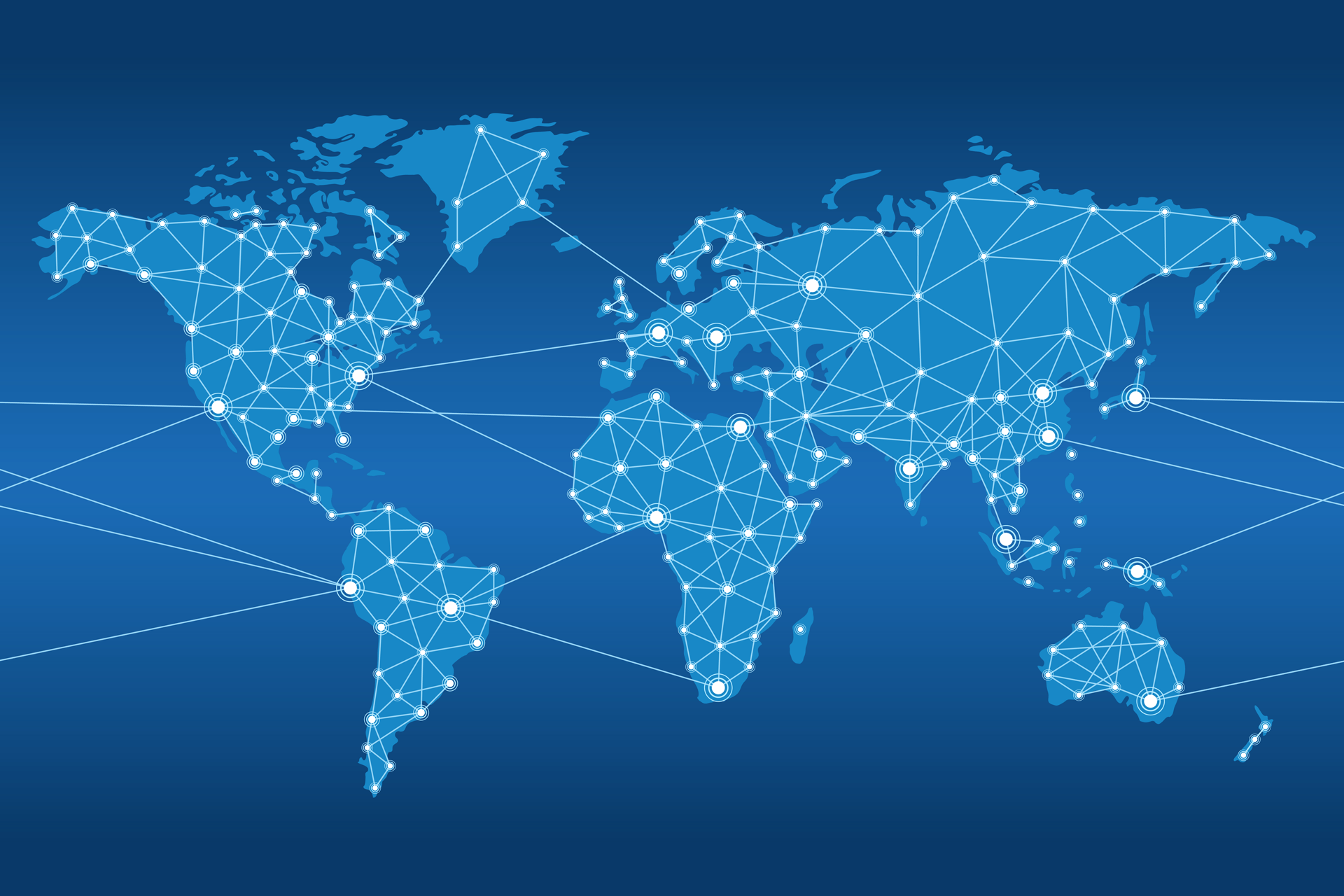 World map with interconnected white dots on a blue background, representing a global network.