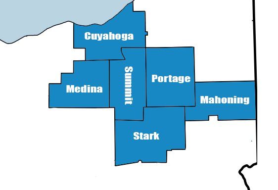 Map of northeast Ohio counties, blue-filled, including Cuyahoga, Medina, Summit, Portage, Mahoning, and Stark.