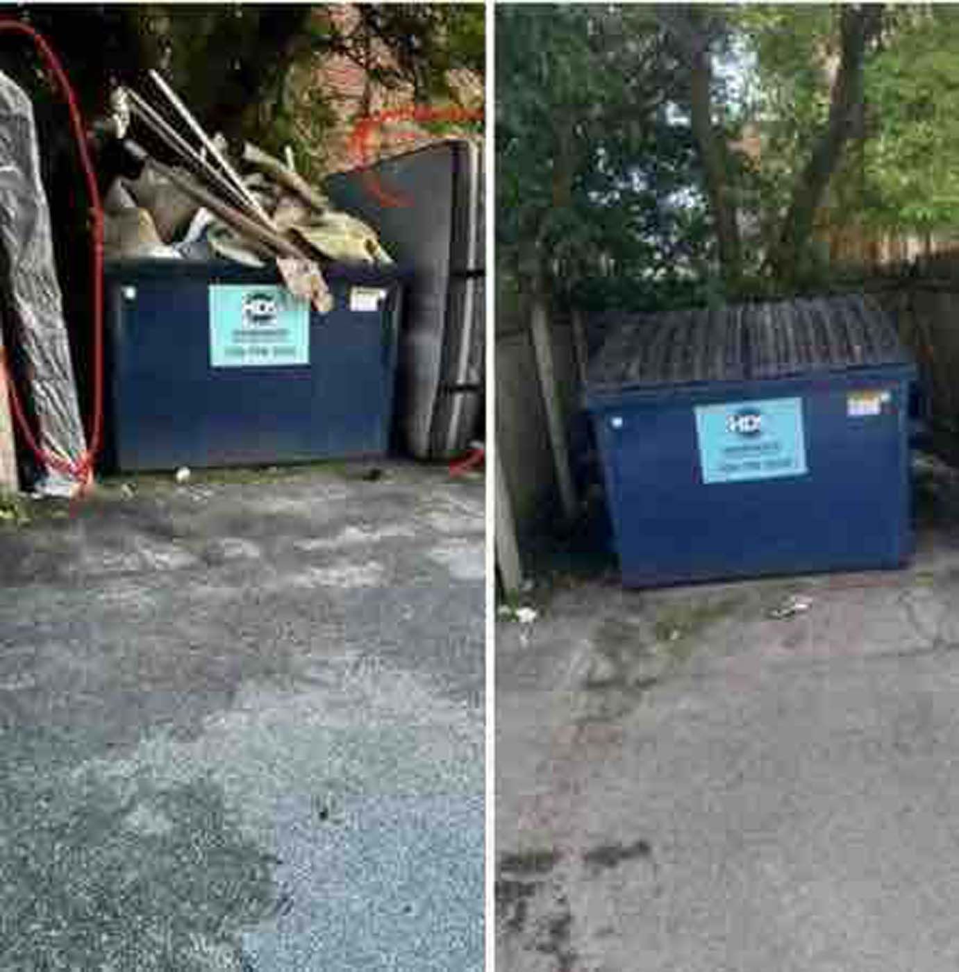 Two blue dumpsters; the left one overflowing with debris, the right one empty.