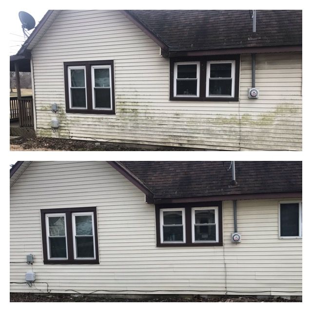 Two images of a house side. The top shows dirty siding, the bottom, clean siding.