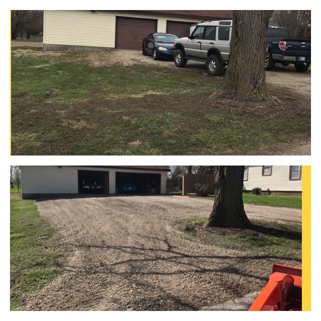 Before and after shots of a gravel driveway next to a garage, a tree and parked vehicles.