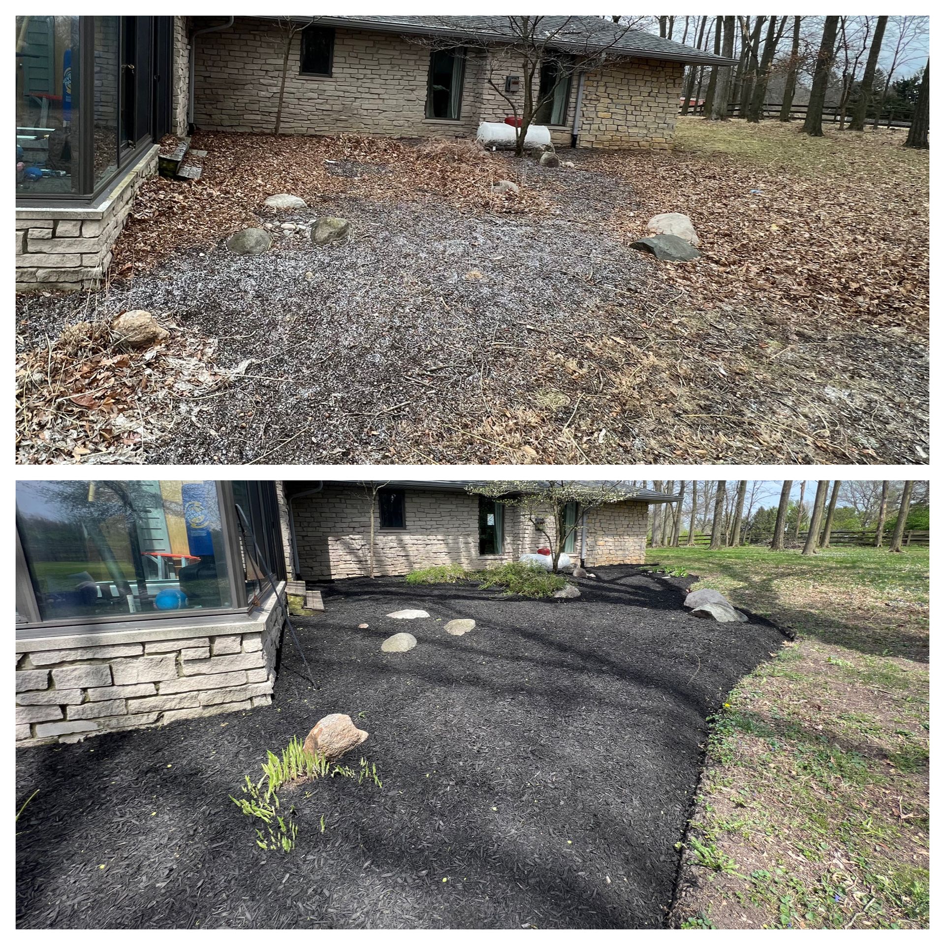 Before and after photos of a yard. Top: brown leaves. Bottom: yard with black mulch.