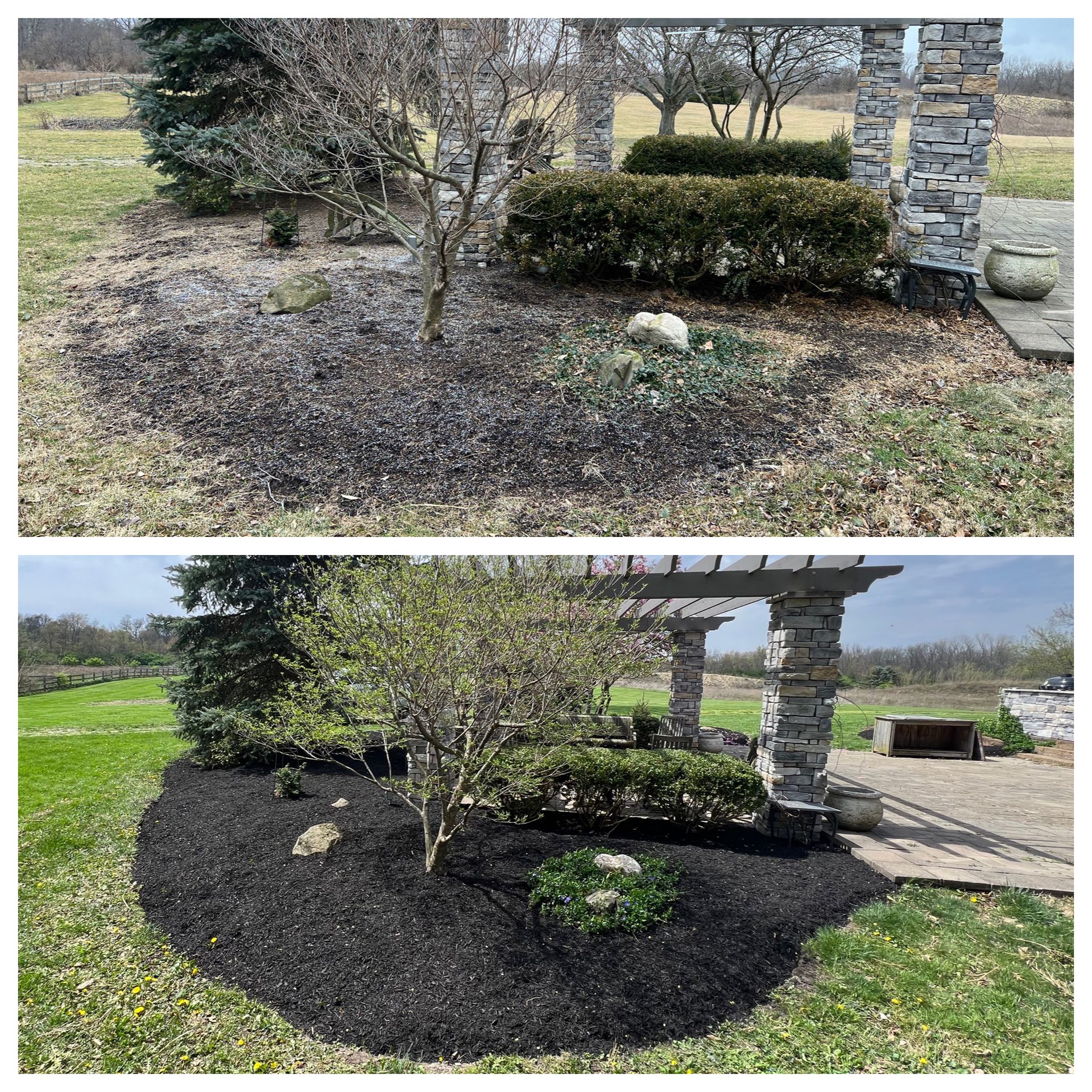 Before and after landscaping showing a bed of mulch, a bush and a tree.
