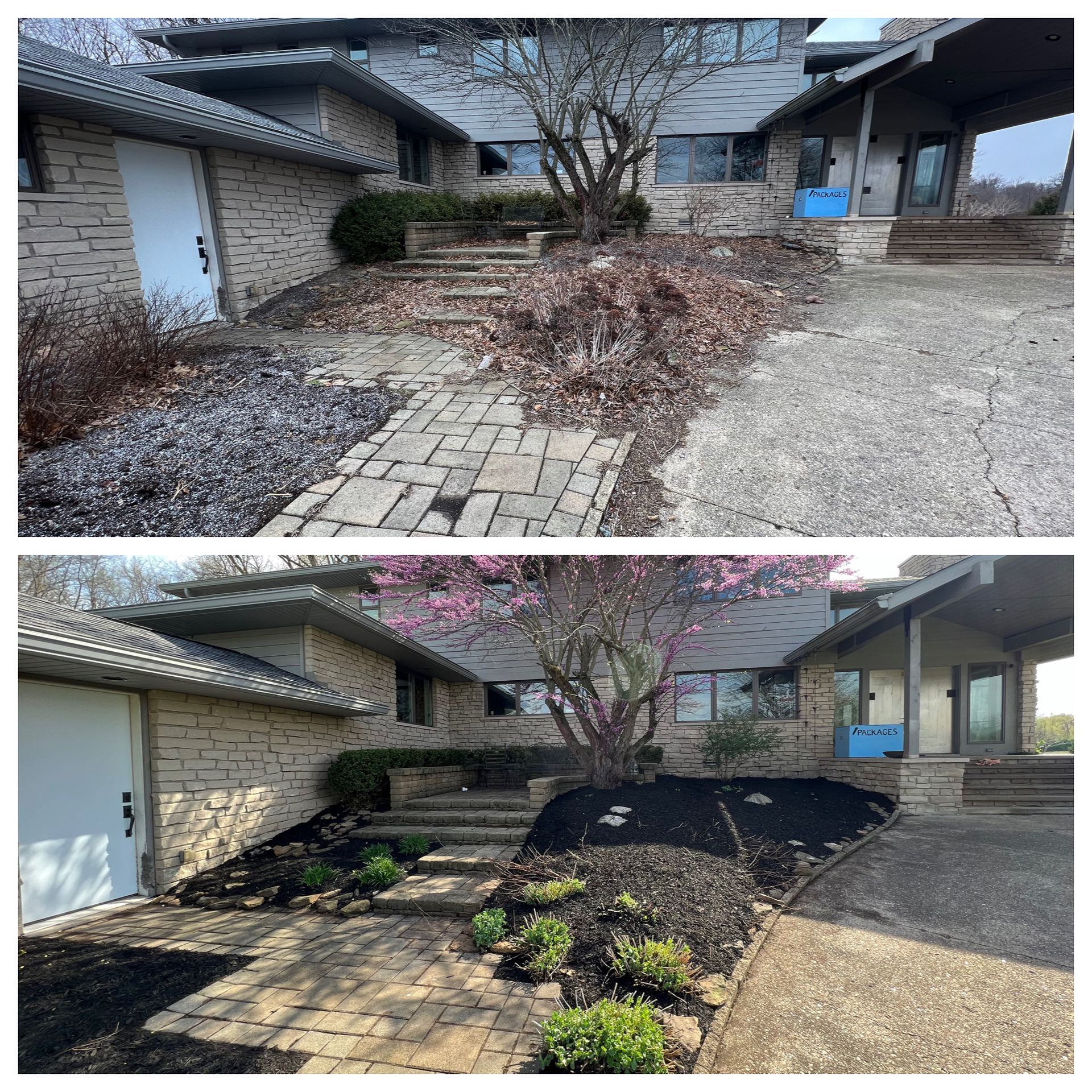 Before and after photos of a home's landscaping. Top: dry leaves and debris. Bottom: fresh mulch and plants.