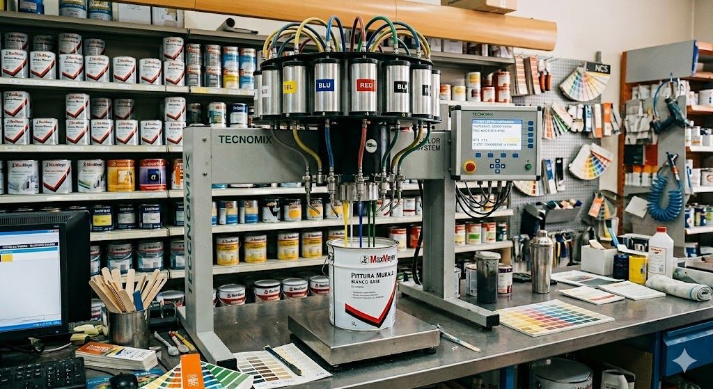 Miscelatore per vernici che eroga il colore in una lattina in un negozio di vernici. Sullo sfondo si vedono scaffali pieni di lattine di vernice.