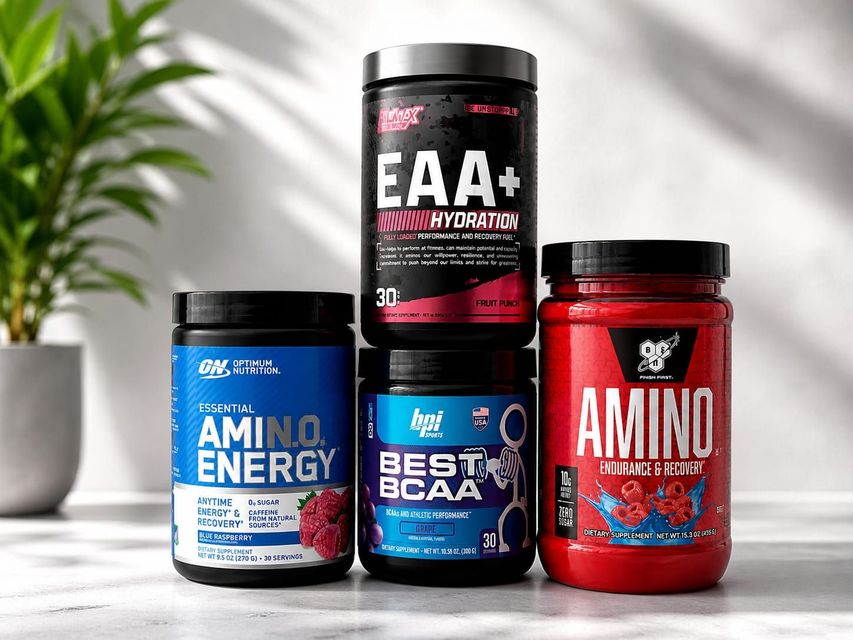 Cuatro coloridos botes de suplementos deportivos sobre una mesa blanca, entre ellos EAA+, Amino Energy y Best BCAA.