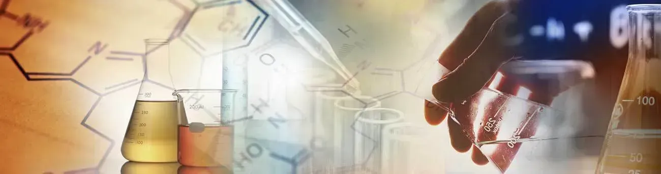 Laboratory glassware, hand holding pipette, scientific formula, abstract background.