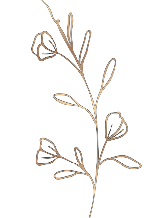 Gold line art of a flowering plant with leaves and blossoms