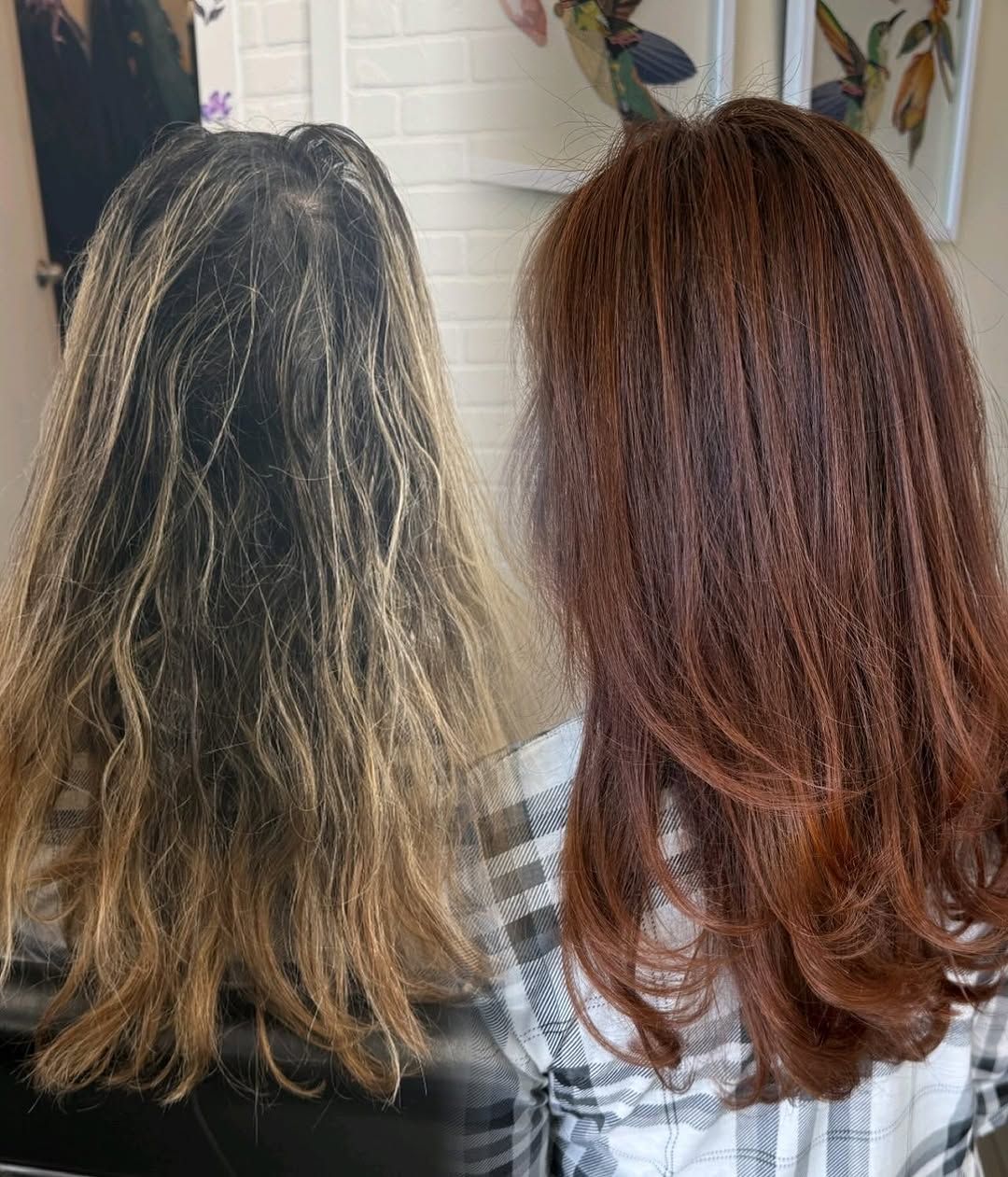 Before and after comparison of hair. The left side is brown with faded blonde highlights, the right side is red-brown.