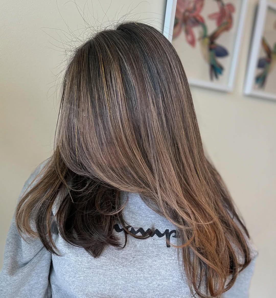 Person with highlighted brown hair wearing a gray sweatshirt, facing away from the camera.