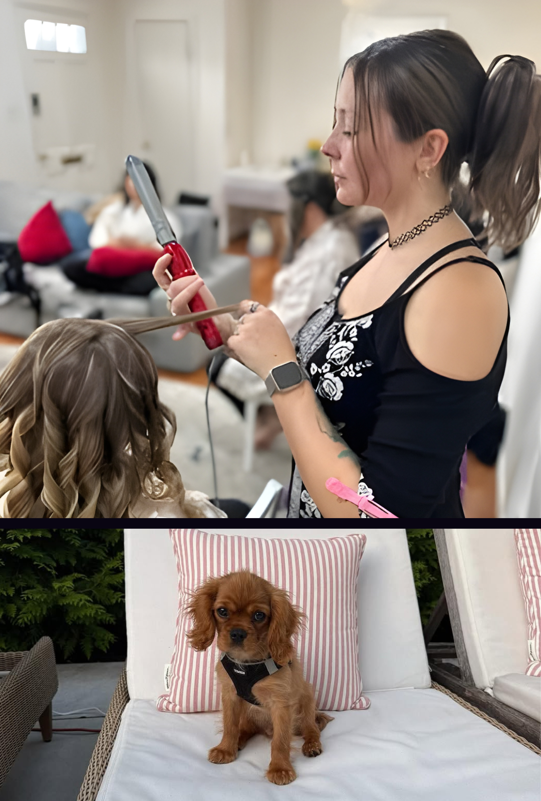 Maddy curling a woman's hair with a curling iron in a salon