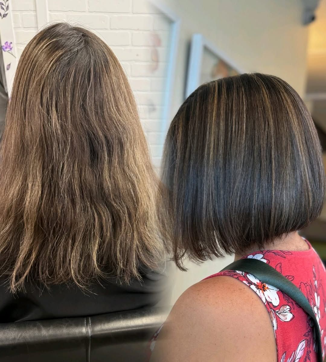 Before and after: brown hair with highlights, long to a short bob.