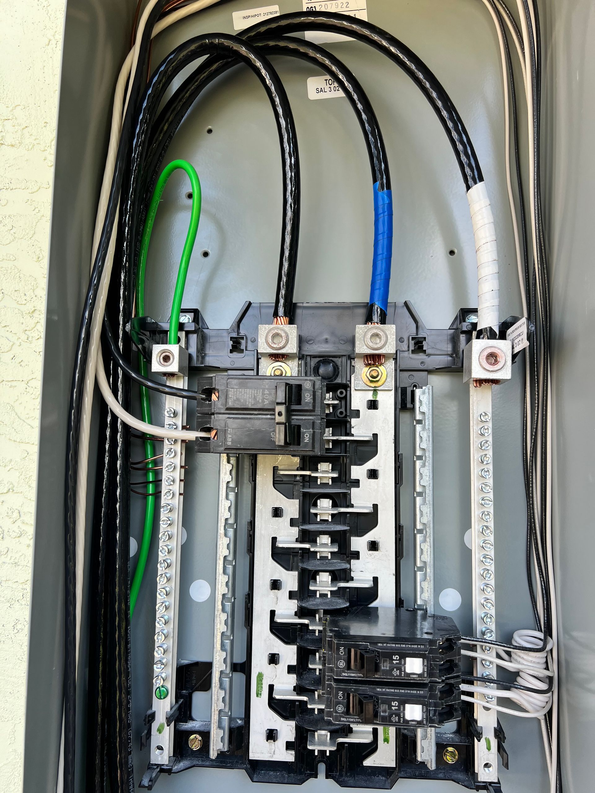 Electrical panel with black, blue, and green wires. White and grey metal interior with circuit breakers visible.