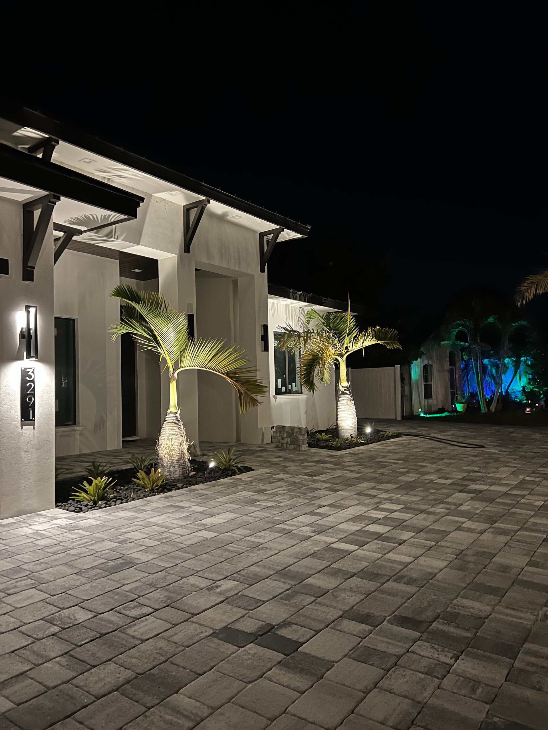 Night view of a house with illuminated palm trees, driveway, and wall lights.