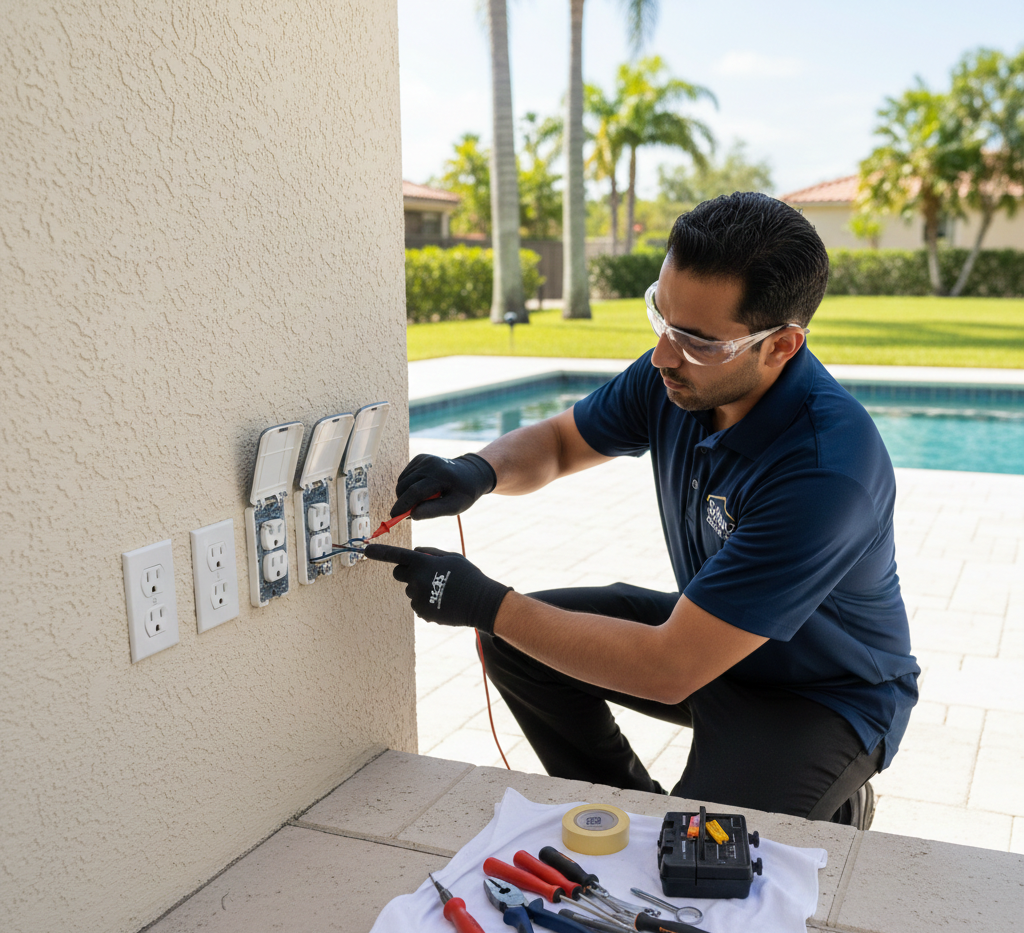 Electrician tests outdoor outlets near a pool. Wearing safety glasses and gloves, he kneels and uses a multimeter.