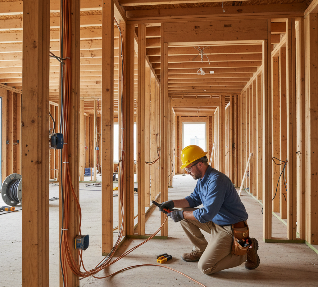 Construction worker in a yellow hard hat examines wiring in a wooden framed building.