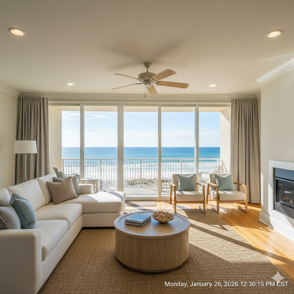Living room with ocean view, white sofa, beige rug, and sliding glass doors.