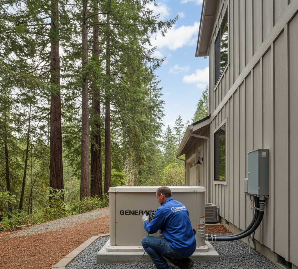 A technician in a blue uniform working on a generator outside a house near trees.