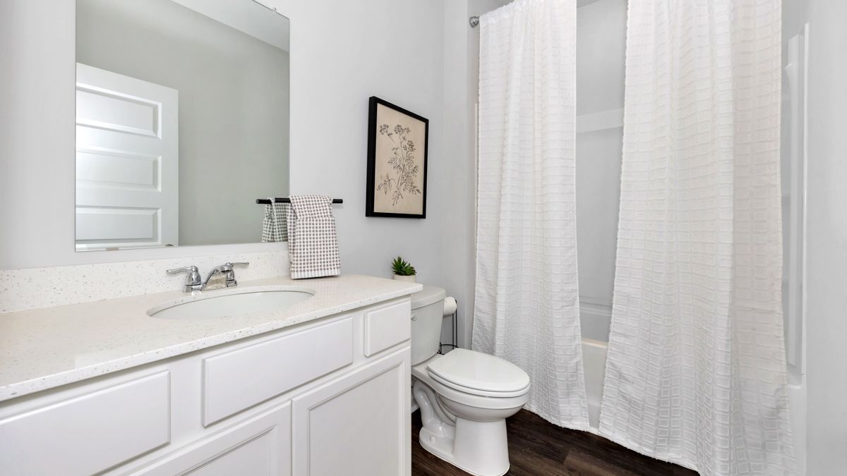 Bathroom with white vanity, toilet, and shower with white curtains; artwork on wall.