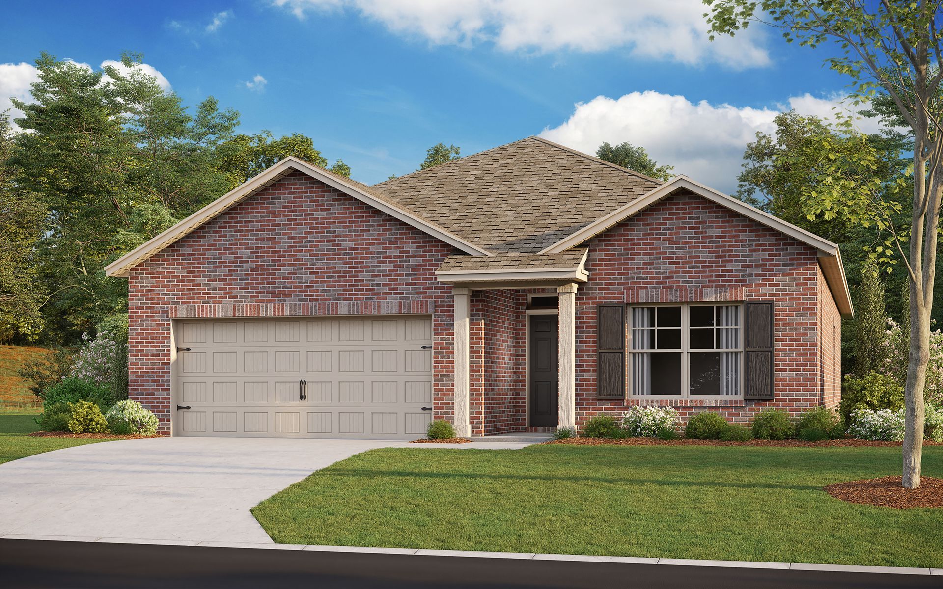 Brick house with beige garage door, green lawn, and blue sky.