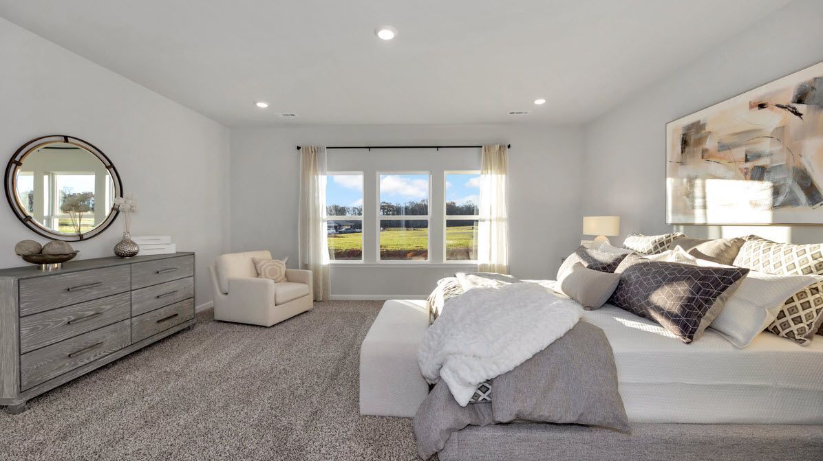 Spacious bedroom with gray furniture, a large bed, and a bright window overlooking a field.