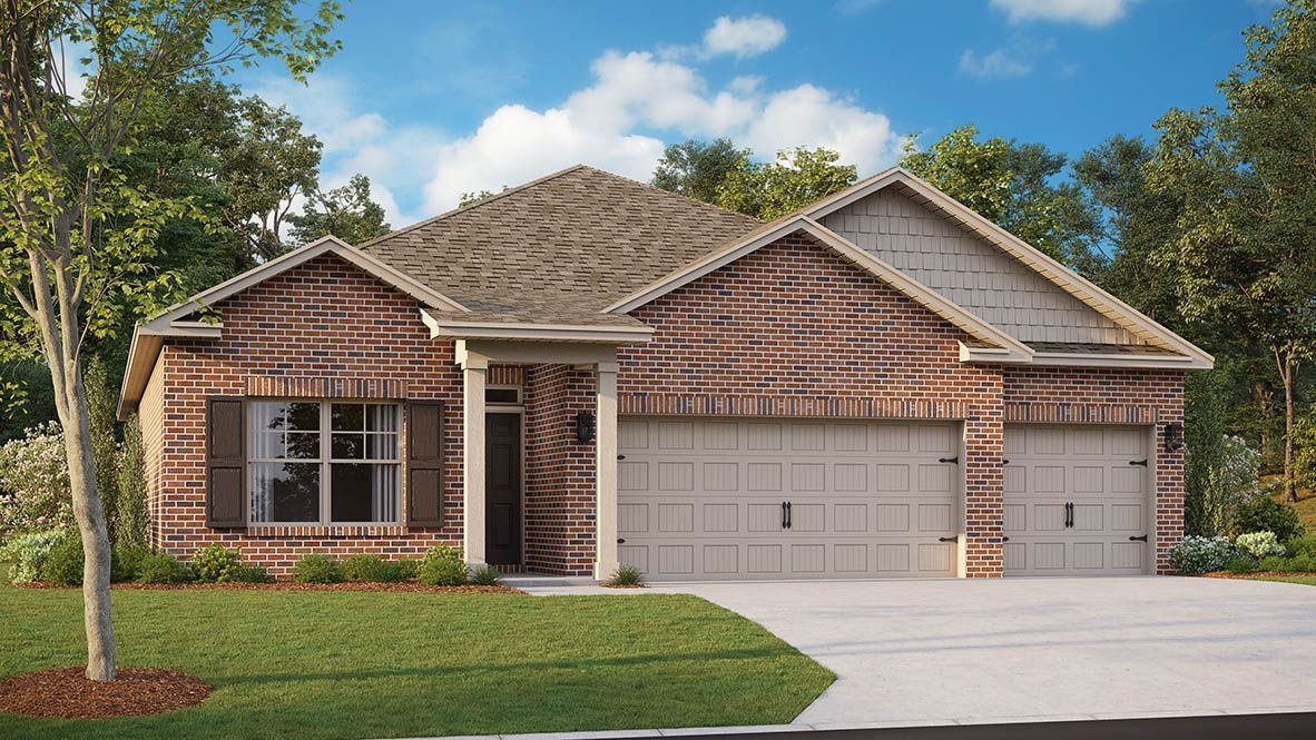 Brick ranch-style house with beige garage doors and brown shutters, set in a yard with green grass.