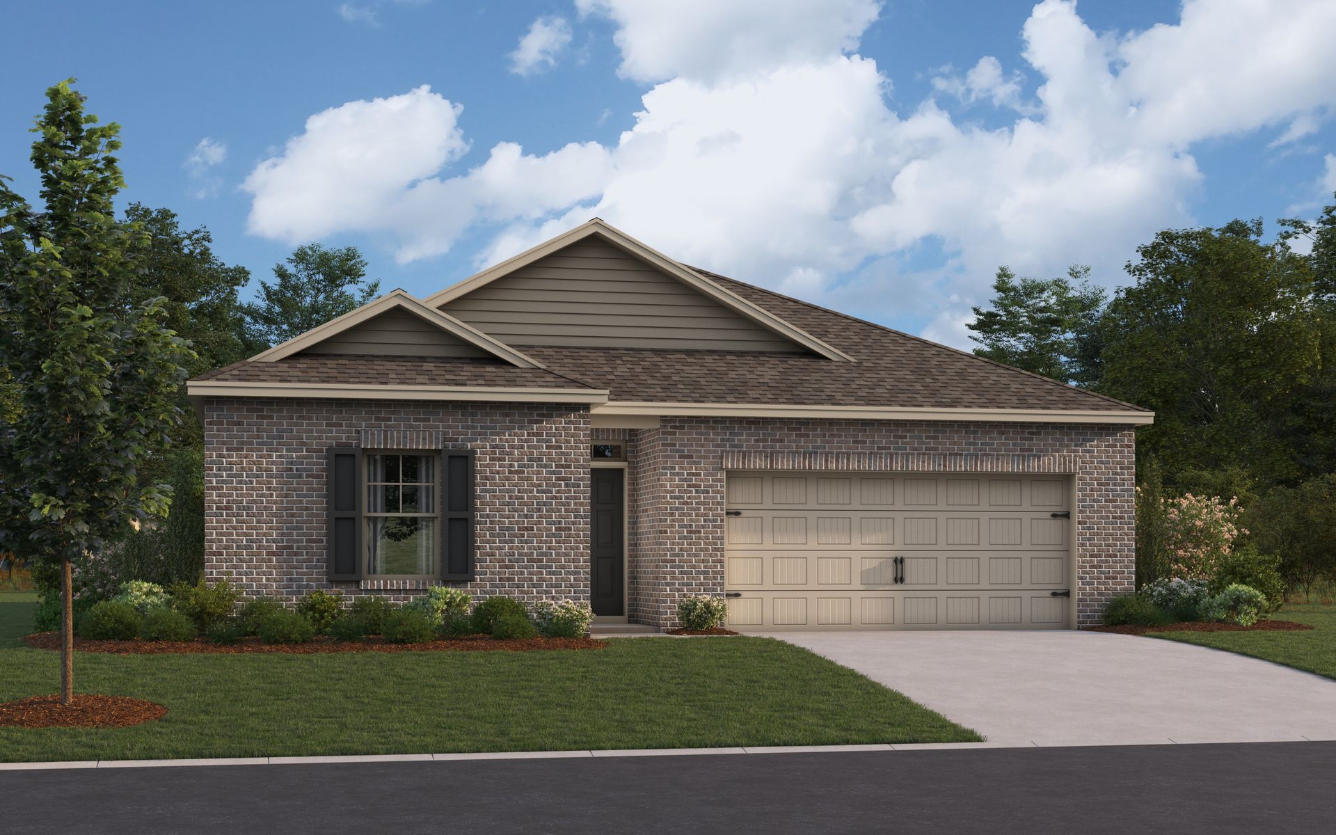 Brick single-story house with a light beige garage door and dark shutters, on a lawn under a partly cloudy sky.