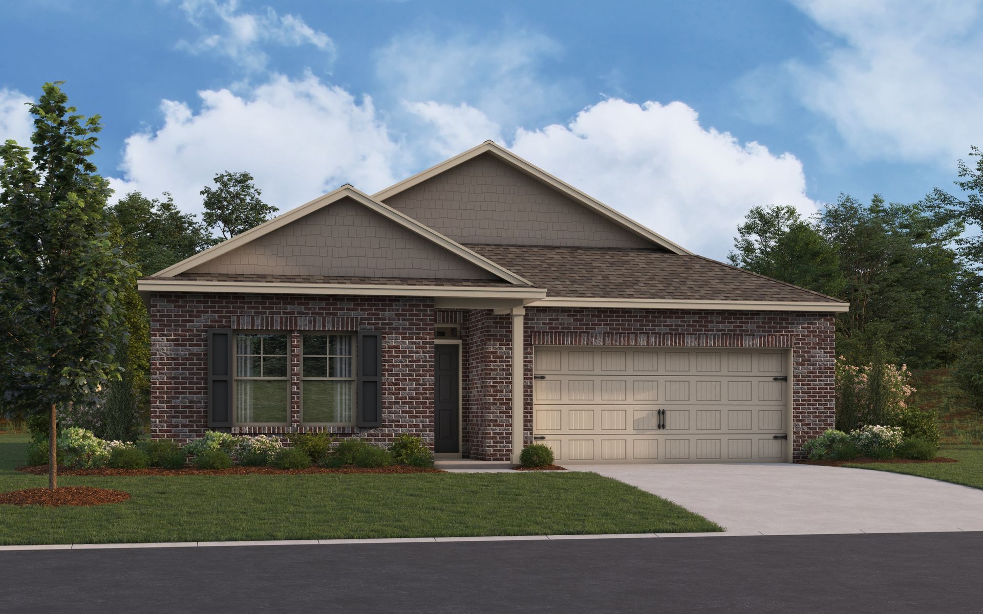 Brick house with beige garage door, dark shutters, and lush greenery under a cloudy sky.