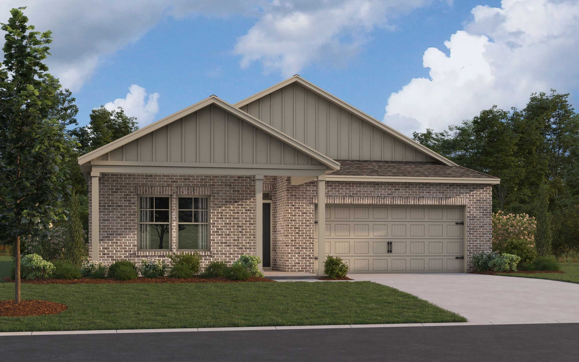 A single-story brick house with a covered porch and a two-car garage under a blue sky.