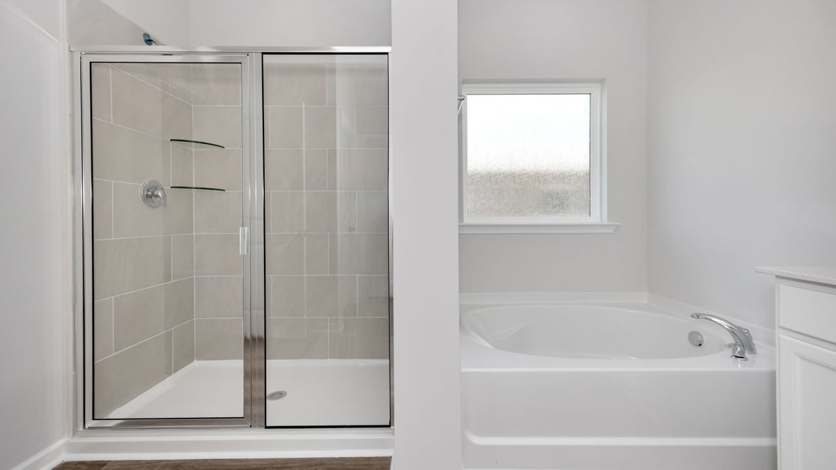 Bathroom with a shower and a tub, white walls, and a window.