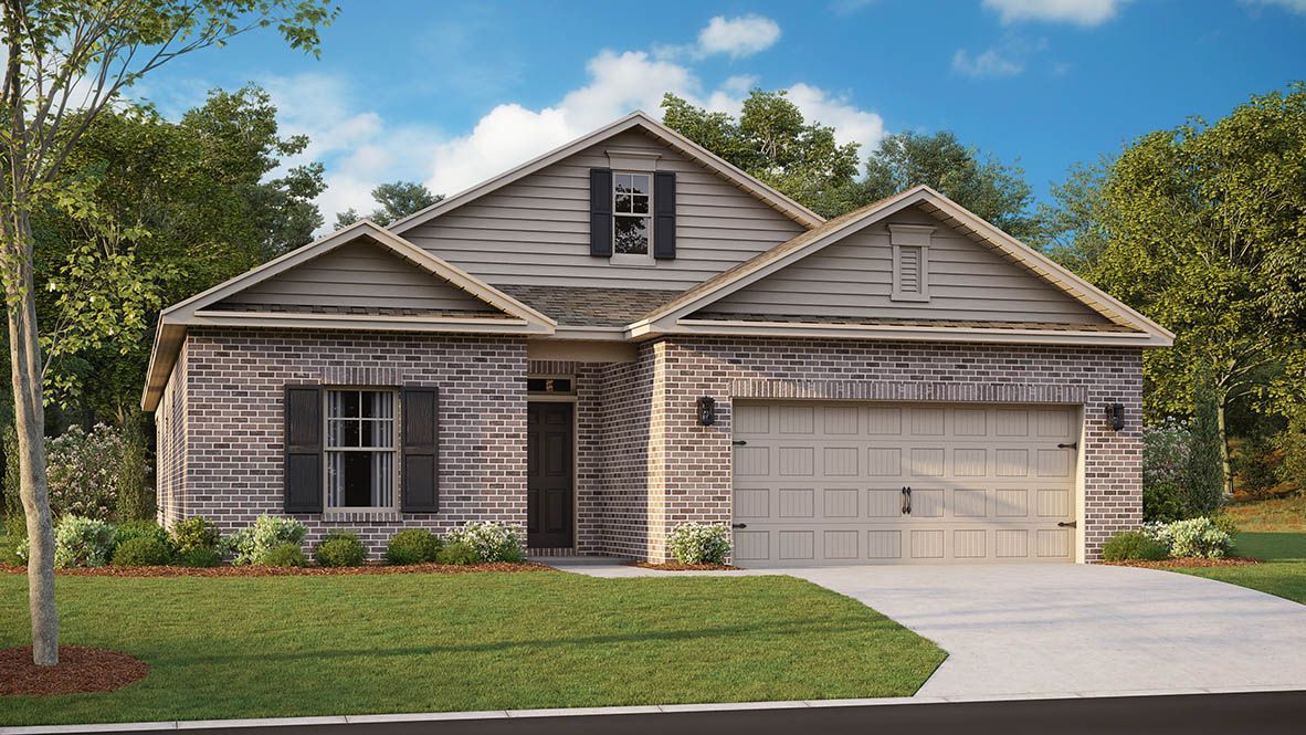 Brick home with gray roof, front door, and two-car garage.