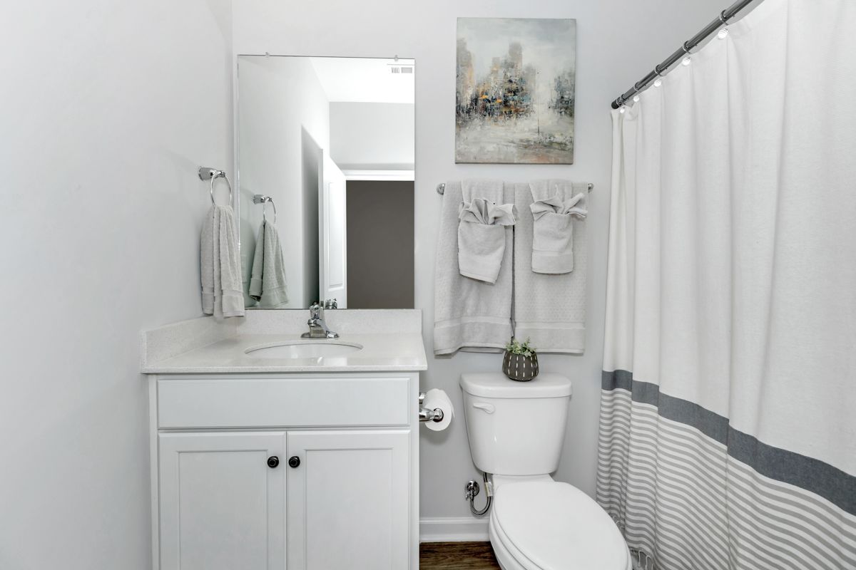 White bathroom with vanity, toilet, shower curtain, and artwork.