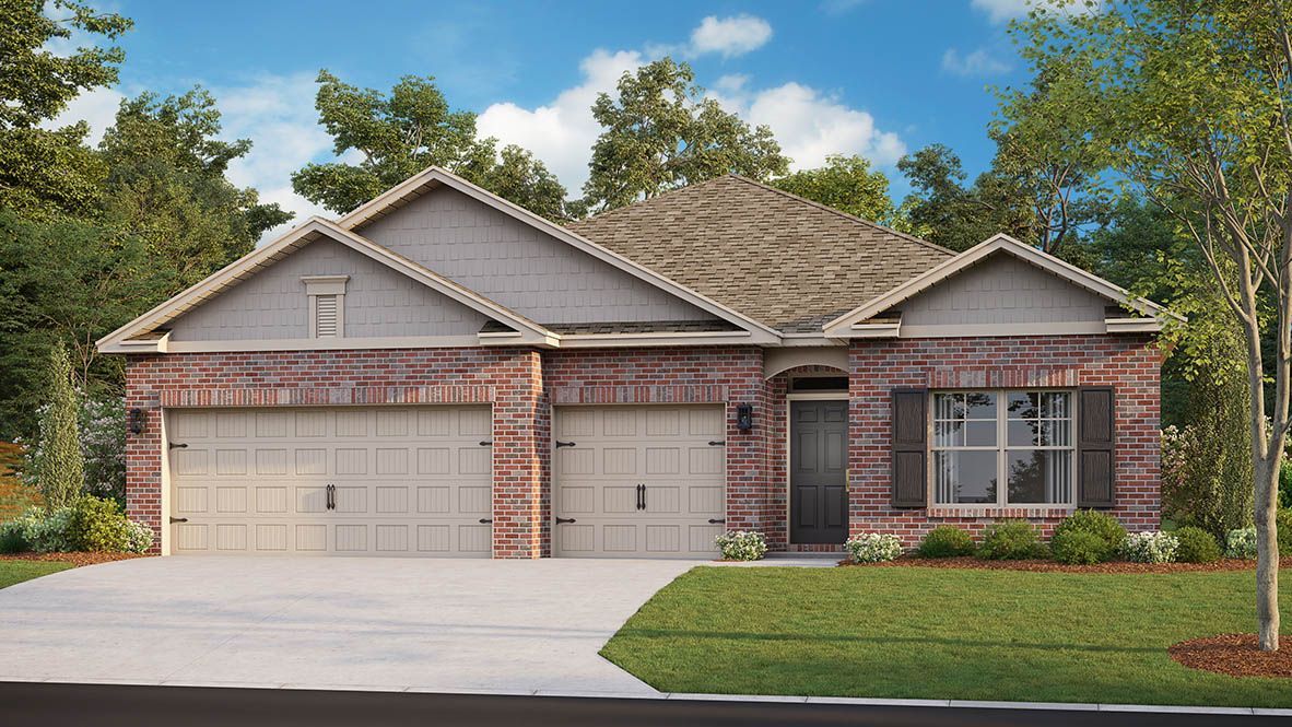 Brick house with a two-car garage, brown roof, and small front lawn.