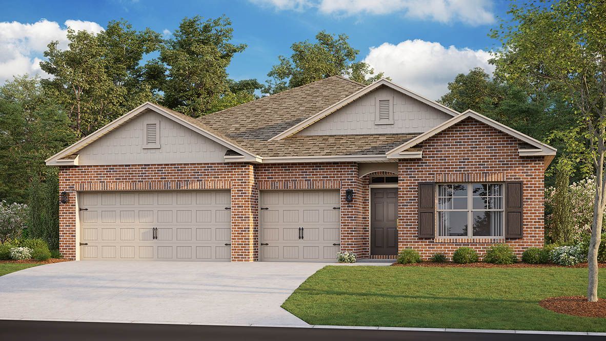 Brick-front, one-story house with a two-car garage, light tan doors, and dark shutters. Green lawn and trees in the background.