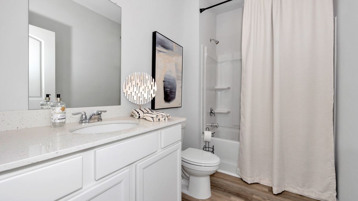 White bathroom with a vanity, toilet, artwork, and shower curtain.