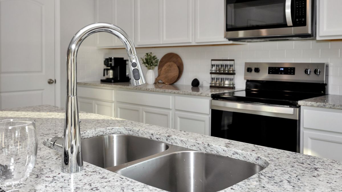 Stainless steel kitchen sink and faucet, white cabinets, granite countertop, stainless appliances.